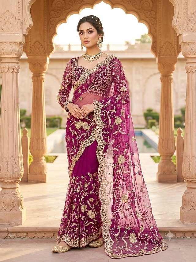 Majestic Magenta Gold Embroidered Net Saree - Rajshri Fashions Sowcarpet Chennai